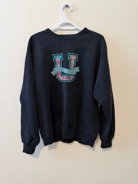 Black Crewneck Sweater with Floral 'U' Patch